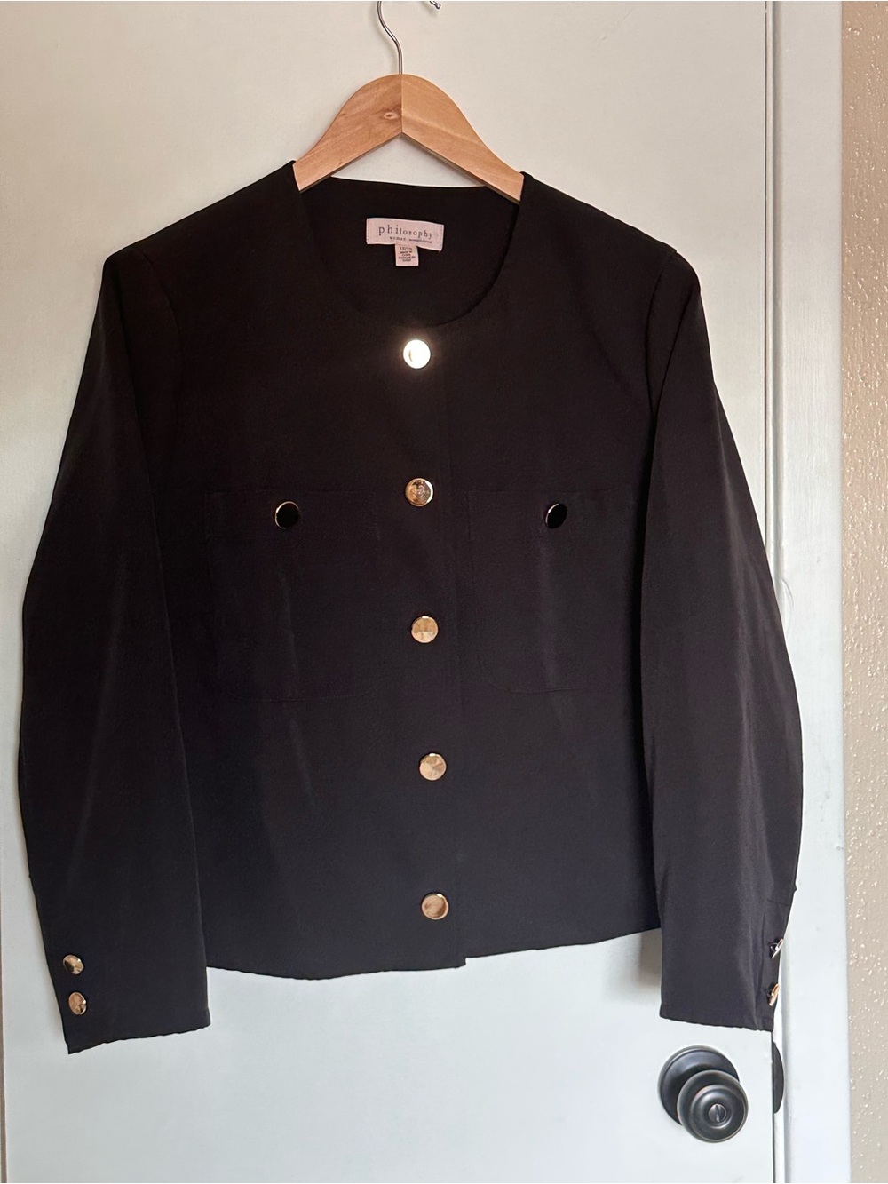 Philosophy Woman Black Gold Button Front Jacket Cropped Blazer Size 1X/TG